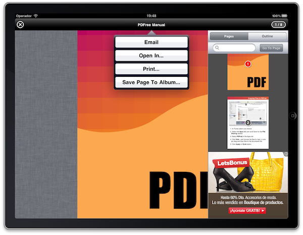 Documento y páginas miniatura de la App iPad PDFree